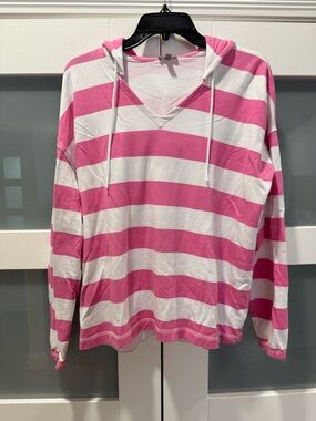 T by Talbots Pink and White Striped Hooded soft  Top size Large Hoodie
